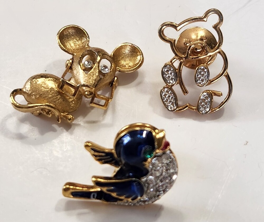 Vtg Lot 3 Avon Animal Brooch Pins Mouse Teddy Bear Bluebird Goldtone Whimsical